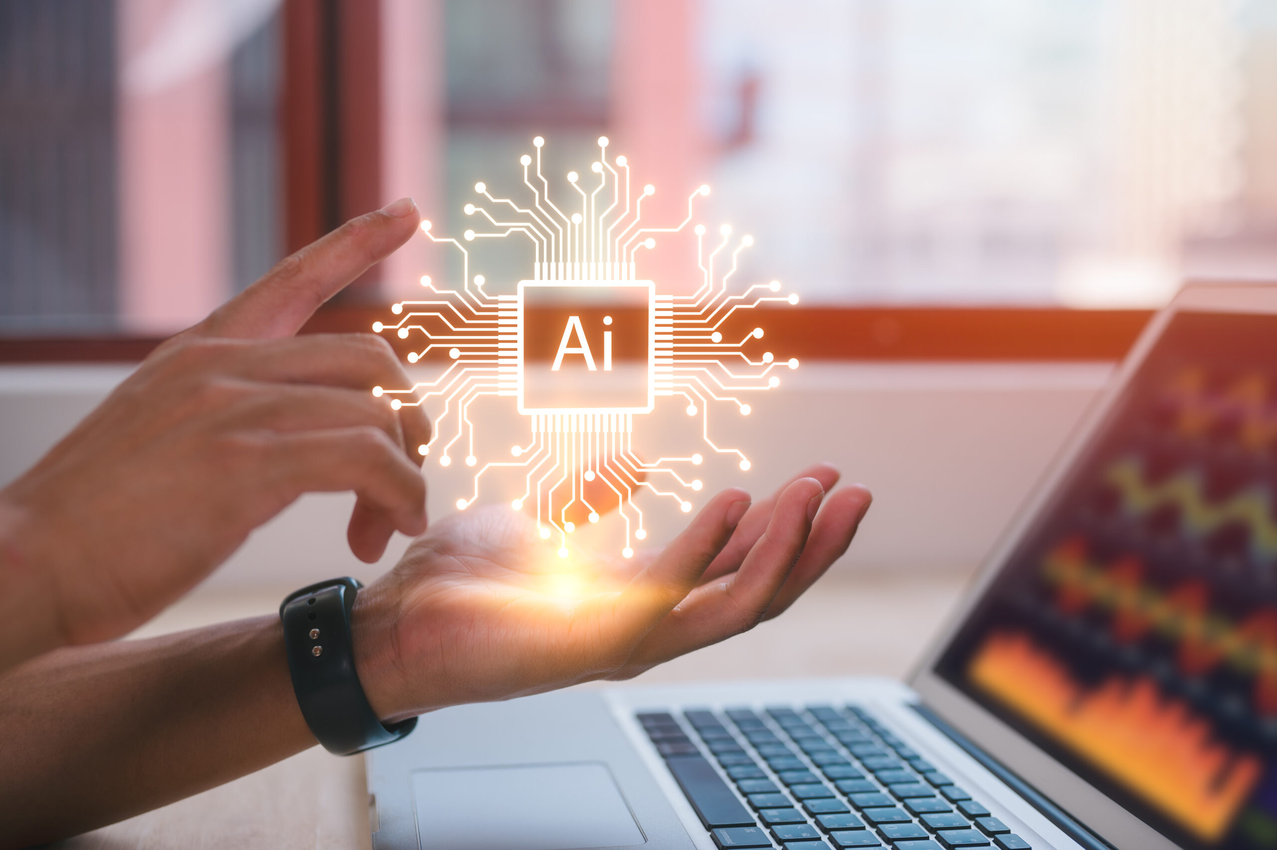 artificial intelligence AI technology and Digital transformation concept, businessman using computer laptop and holding virtual Ai icon